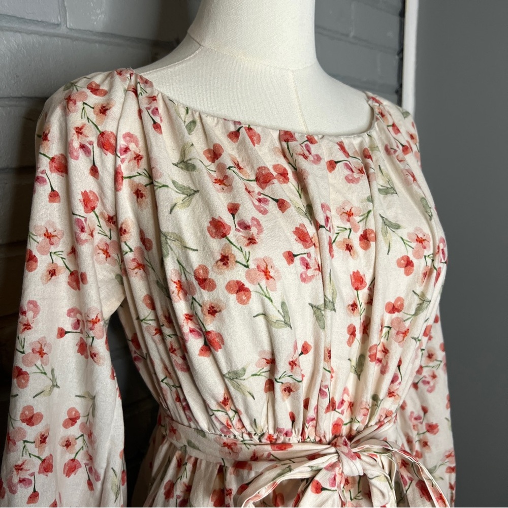 Linen Vibes Floral Tie-Waist Maxi Dress in Cream and Coral Lace Hem Size XS - Picture 4 of 13